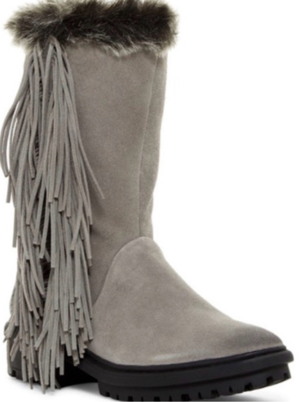 Sam Edelman Gray Suede Fringe Winter Boots with Faux Fur Trim
